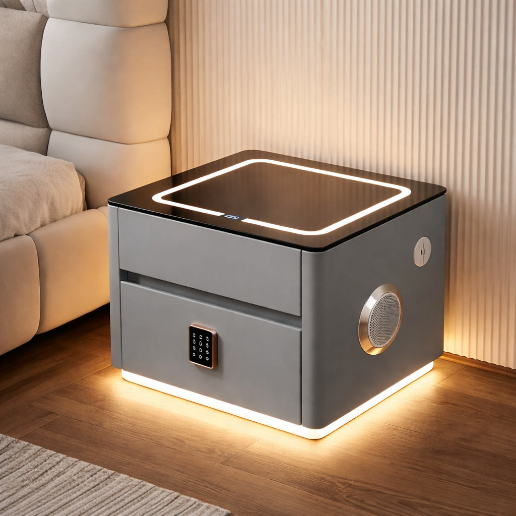 Приліжкова тумба QYJXF02 з вбудованим кодовим сейфом/Bluetooth-колонкою і USB сенсорне підсвічування екокожа Сірий (33731042)