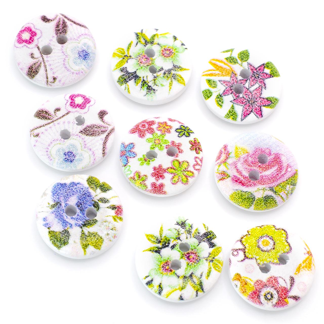 Пуговицы деревянные с цветочным принтом круглые 15 мм 30 шт. Разноцветный (ДП0015ц50)