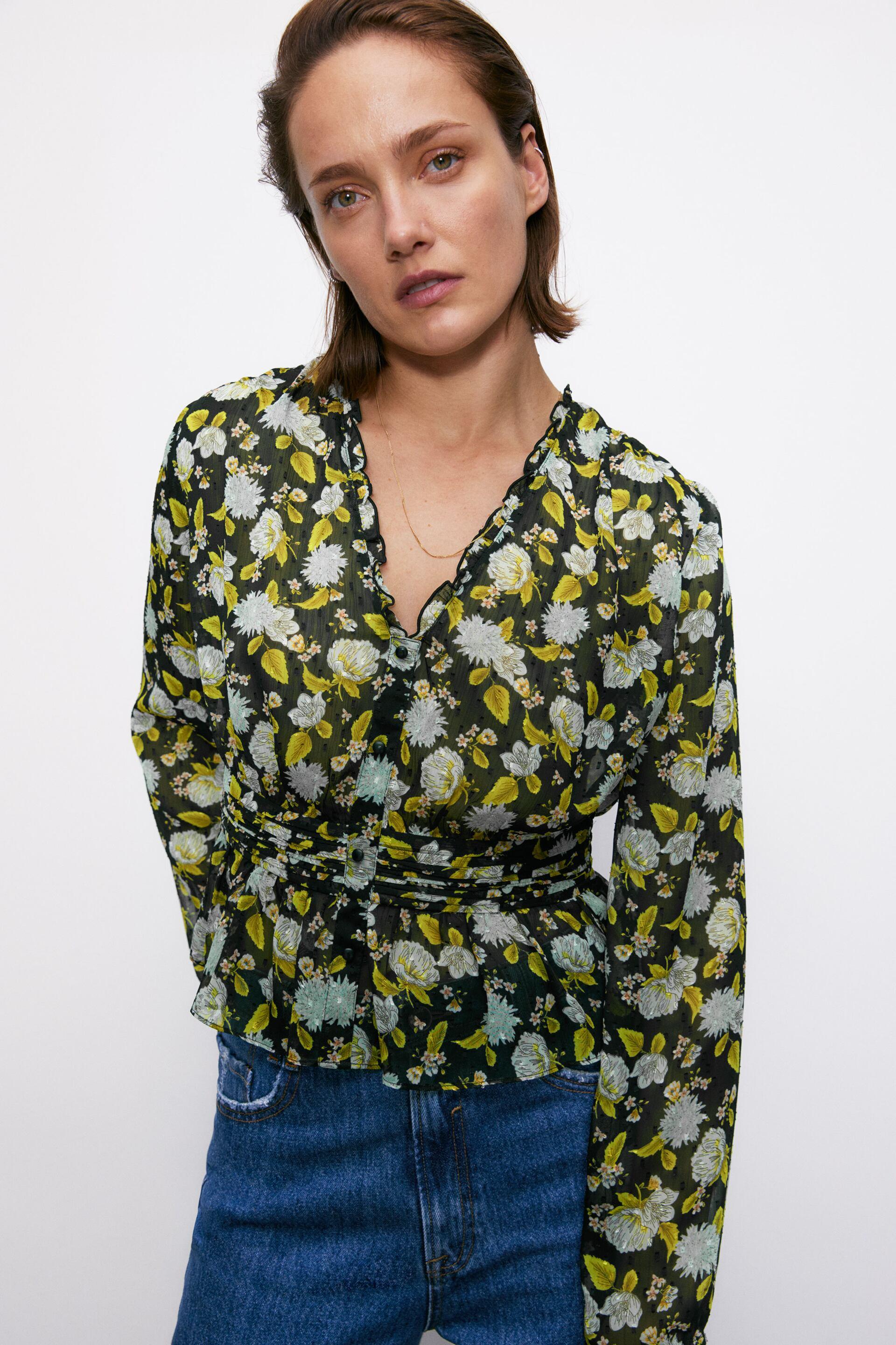 Блуза Zara XS Чорні квіти (8004155330)