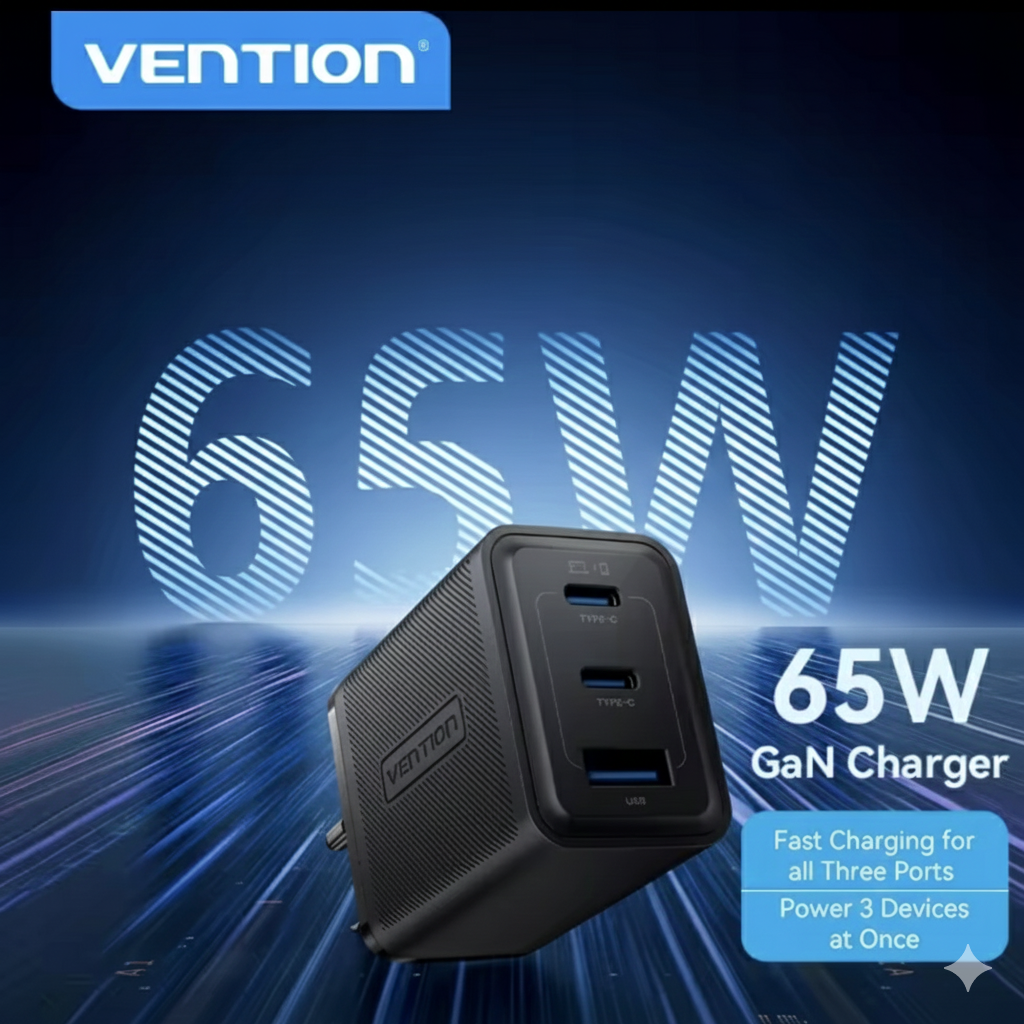 Зарядное устройство сетевое Vention GaN III PD 65W 2xType-C/1xUSB (30633832) - фото 2