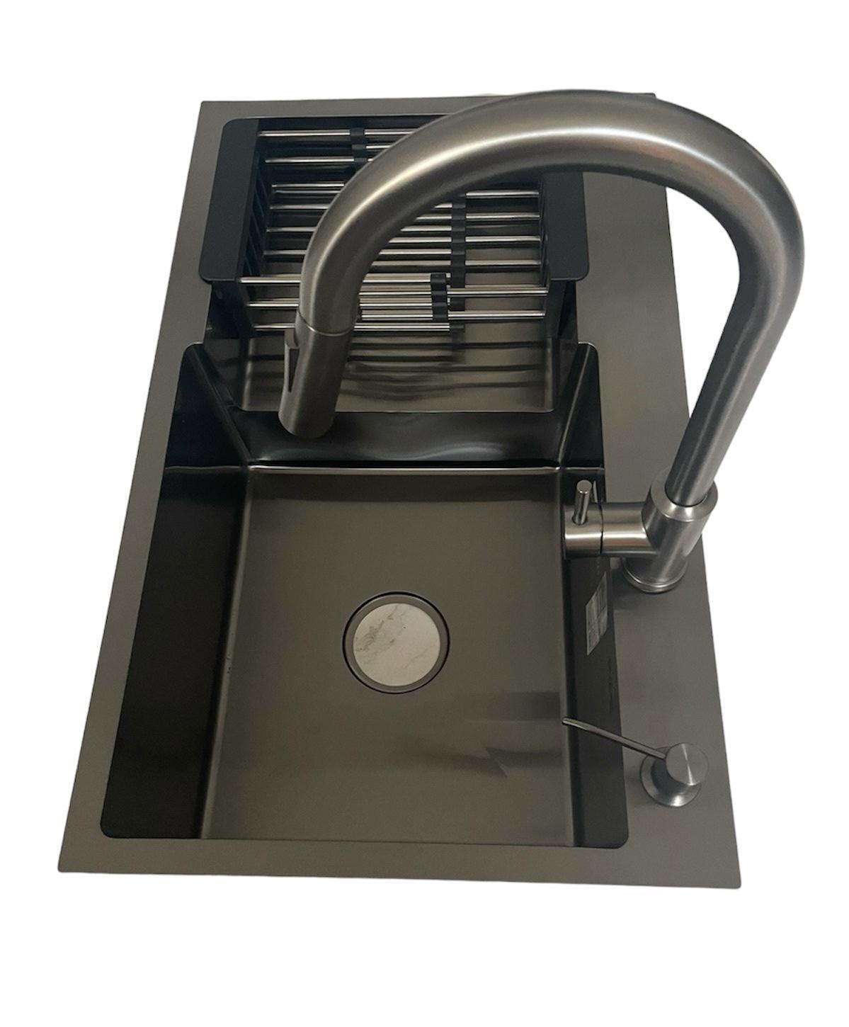 Мийка Kroner 7848RHM права та кран для кухні з висувним виливом Kroner PVD03916 сенсорний Чорний