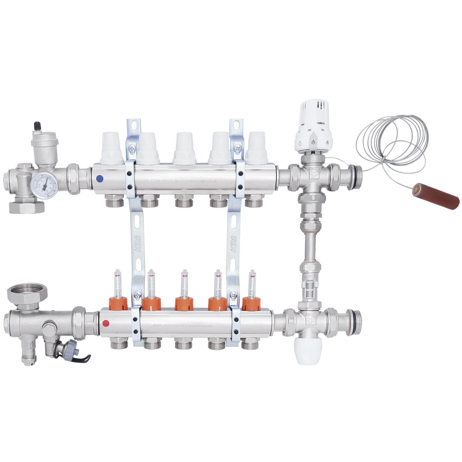 Колектор для теплої підлоги ICMA A1K013APQ06 5 контурів з витратомірами 1"/3/4" (78691) - фото 1