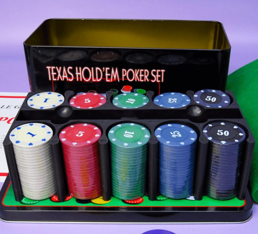 Набор для покера Texas Holdem Poker Set 200 фишек с номиналом и сукном в коробке (1287693595) - фото 8