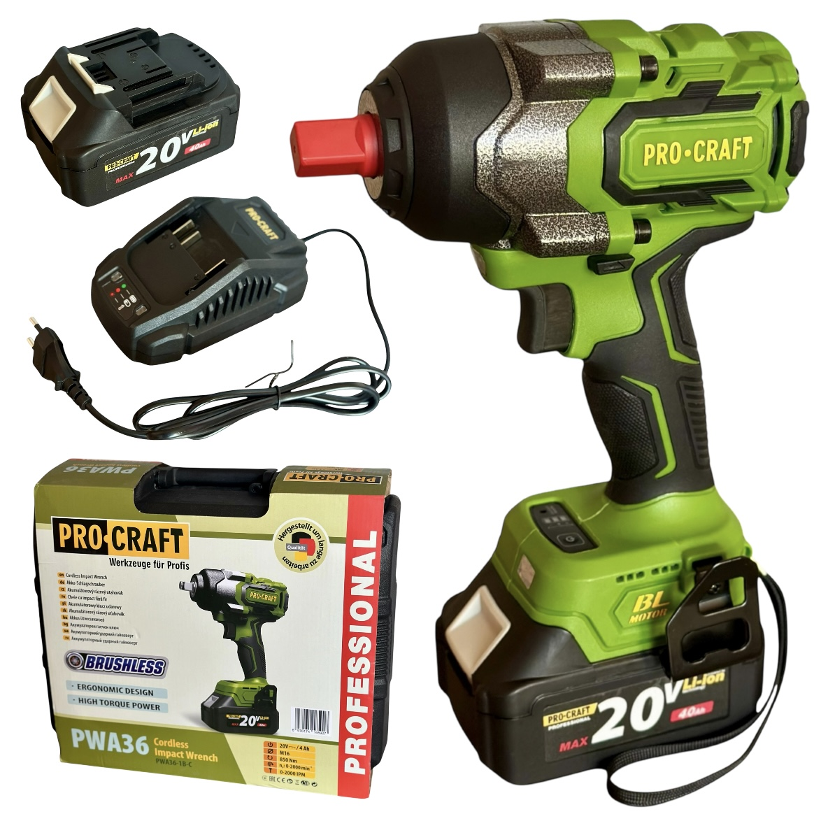 Аккумуляторный гайковерт бесщеточный 850 Нм Procraft PWA36 ударный в кейсе