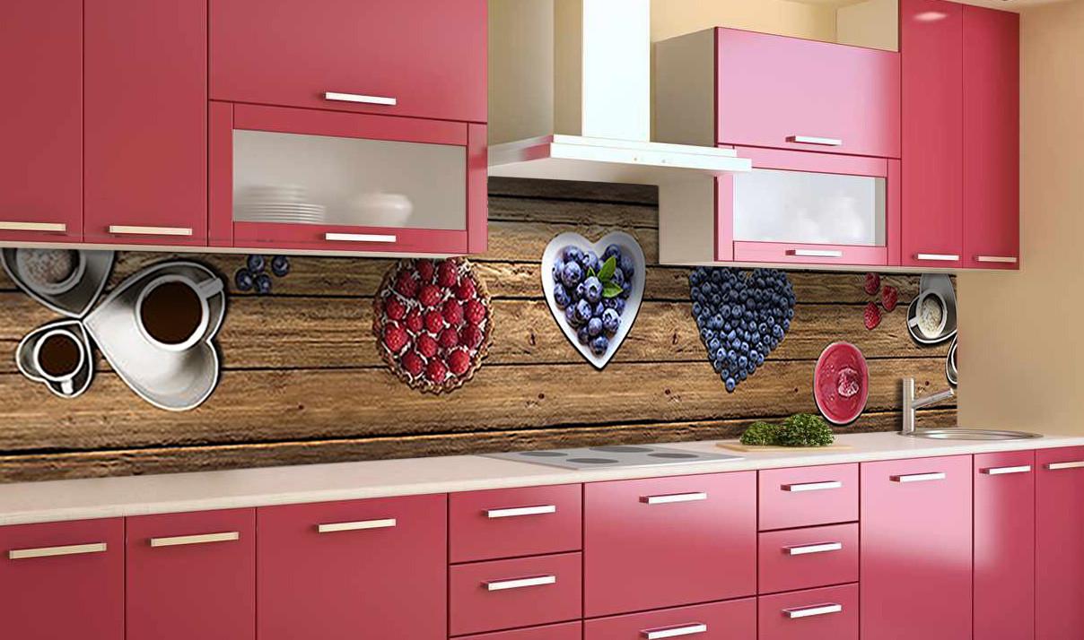 Кухонный фартук Ягоды доски из самоклеющейся виниловой пленки 60х250 см Коричневый