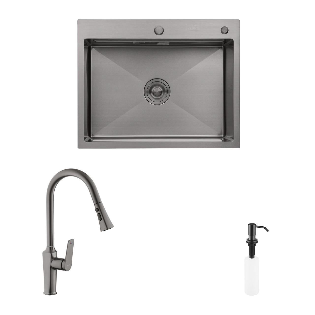 Комплект кухонная мойка Kroner Schwarze-6350HM PVD/смеситель Makon-GRP030-T/дозатор Spender-SCH049 (2669564669)