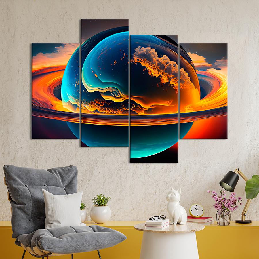 Картина космос Голубая планета с оранжевыми облаками 89x56 см (A1303-4)