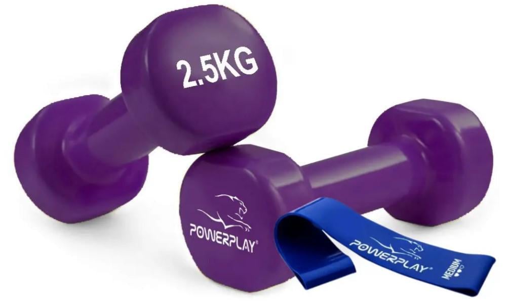 Гантели виниловые PowerPlay Achilles 4125 2,5 кг 2 шт. с резинком для фитнеса 7,5 кг Фиолетовый (PP_4125_2.5kg_2in)