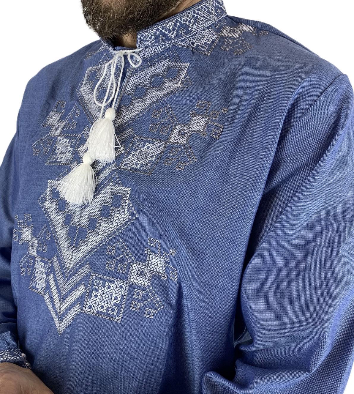 Вышиванка мужская Дерево жизни натуральная с бело-серым орнаментом р. 46 Синий (4427/46) - фото 3