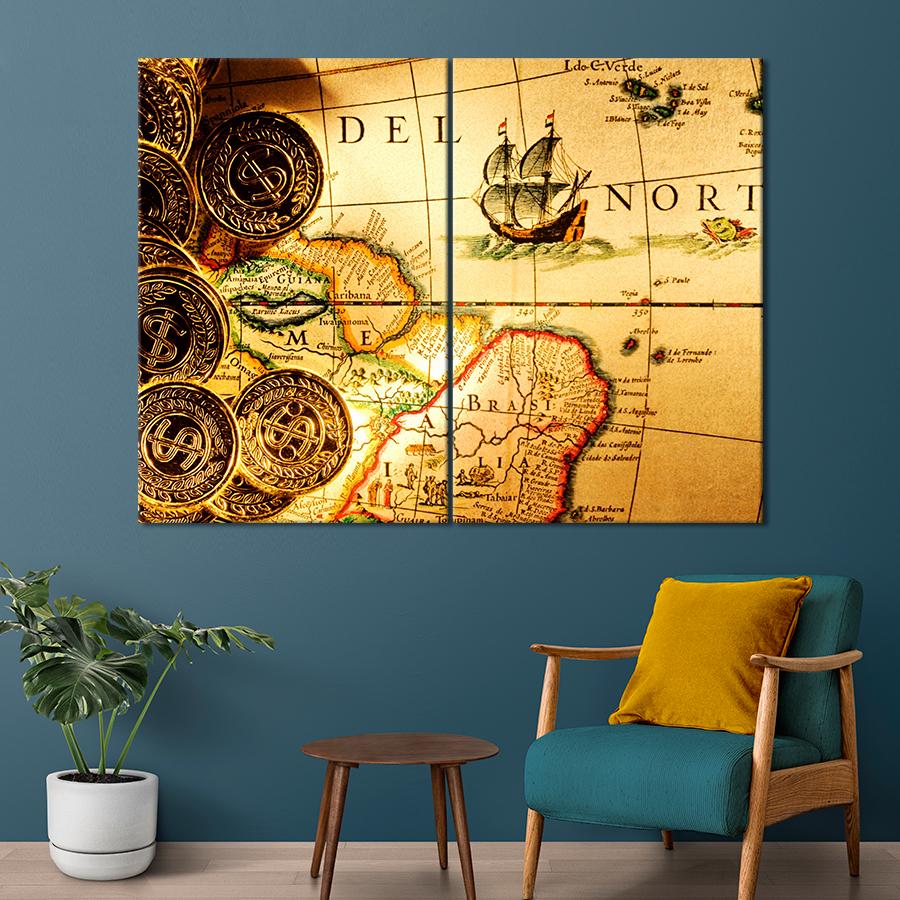 Картина карта Золотые монеты на старой карте 71x51 см (A1331-2) Картина карта Золотые монеты на старой карте 71x51 см (A1331-2)