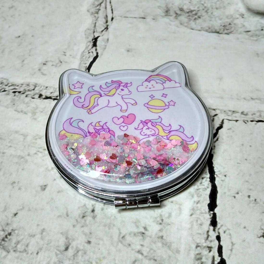 Зеркало карманное косметическое Единорог жидкие блестки 7,5х7 см (А51-1)