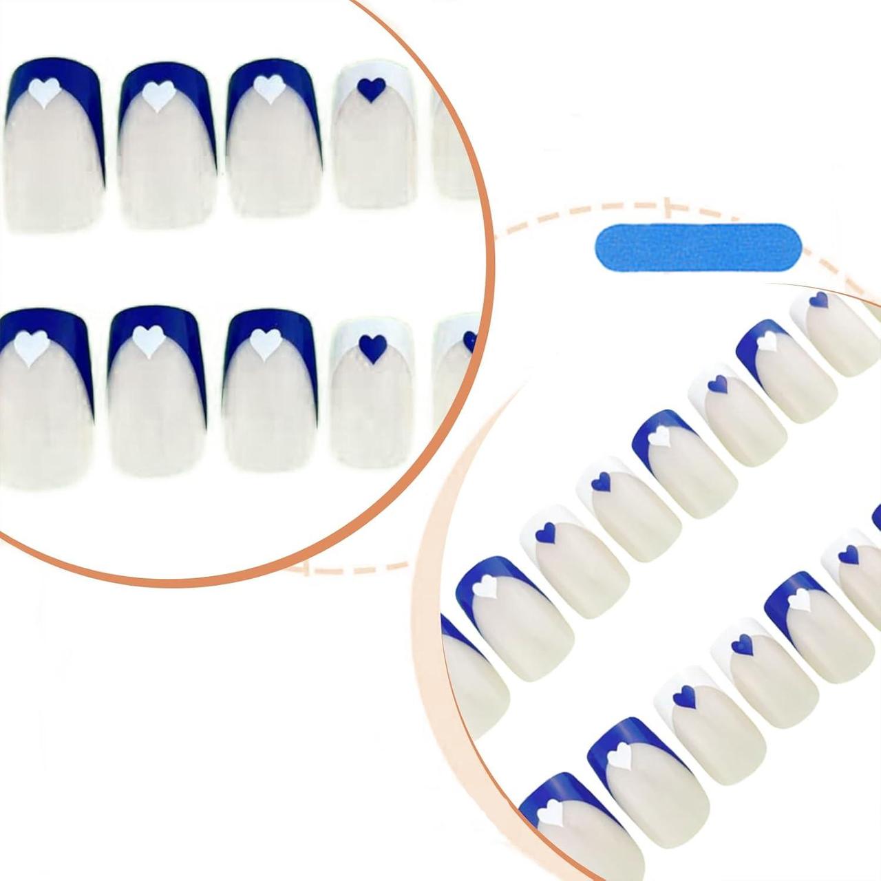 Накладные ногти френч с сердечками квадрат с клеевыми пластинами 24 шт. Синий с белым - фото 5 Накладные ногти френч с сердечками квадрат с клеевыми пластинами 24 шт. Синий с белым - фото 5