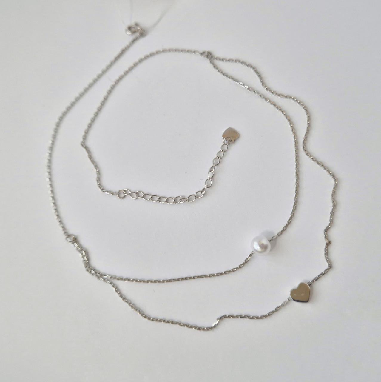 Колье жемчужина и сердце серебро 925 пробы родированное 2,45 г 40-45 см (вс612р)