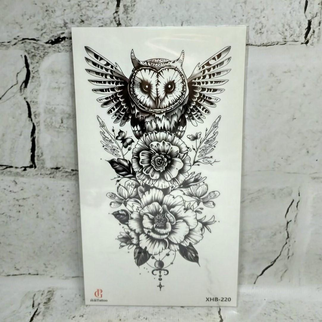 Тату временное Сова с цветами лист 11,5x21 см (XHB-220)