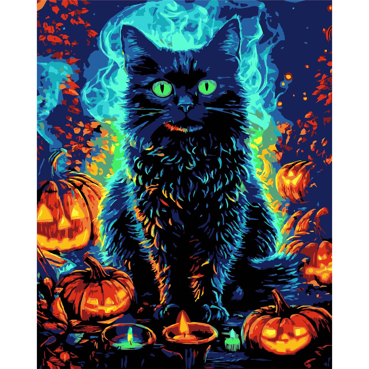 Картина по номерам на черном фоне Кот в Хэллоуин 40х50 см