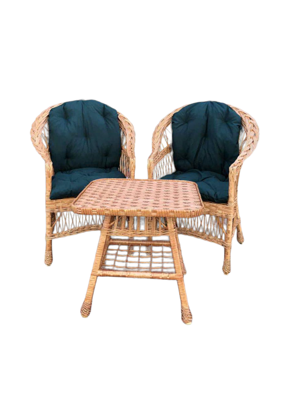 Садовая мебель Woody из дерева и лозы Woody 2 кресла Стандарт стол квадратный Светлое дерево/темно-зеленый