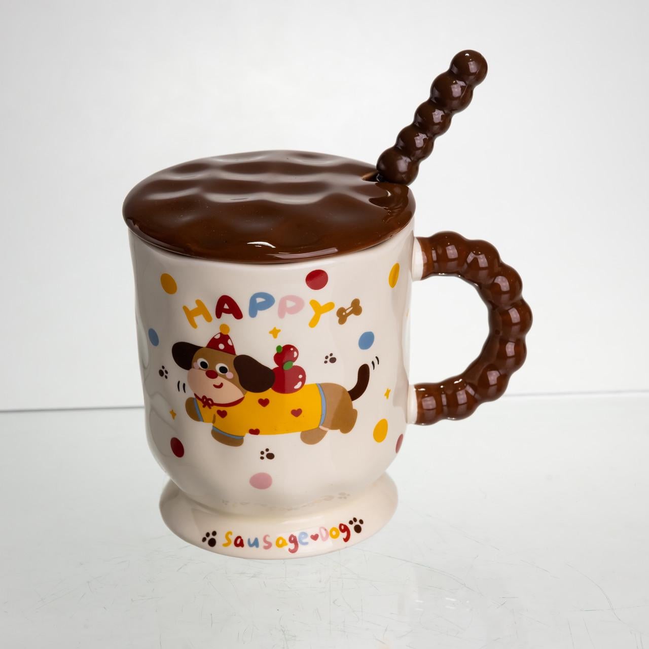 Чашка фарфоровая Light House такса LG-30160-A MIX с ложкой и крышкой 400 мл Желтый