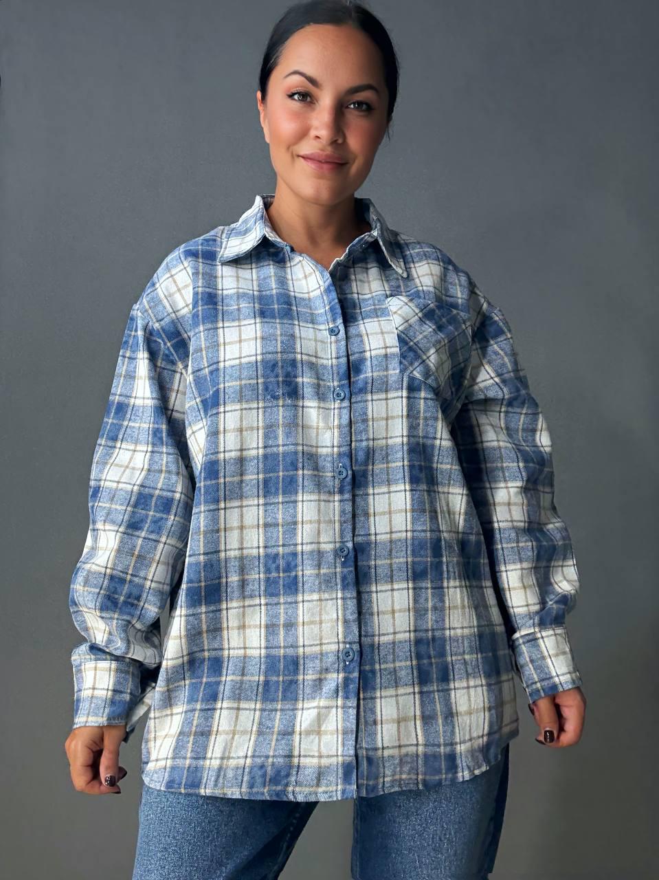 Рубашка женская YZY 7765 в клетку оверсайз широкая вареная OS Голубой (4920)