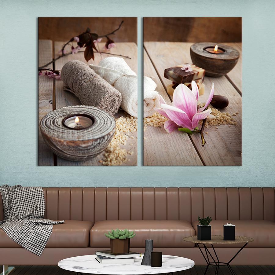 Настенный декор диптих картина на холсте для интерьера Спа-натюрморт с цветком магнолии 111x81 см (65-2)