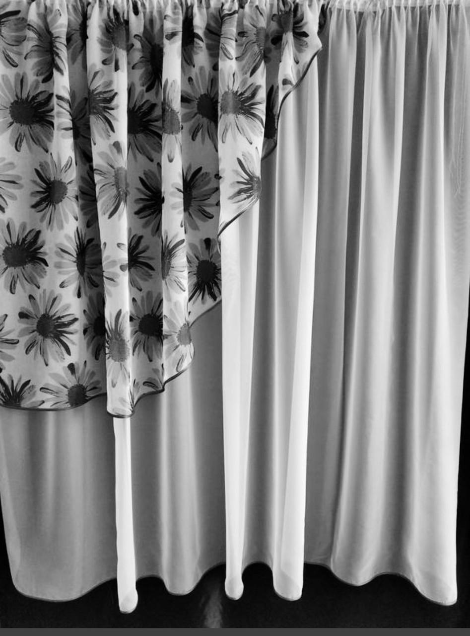 Занавеска на окно шифон с батистом Ромашки с подвязкой 300х170 см Белый с серым (ул-11) - фото 5 Занавеска на окно шифон с батистом Ромашки с подвязкой 300х170 см Белый с серым (ул-11) - фото 5