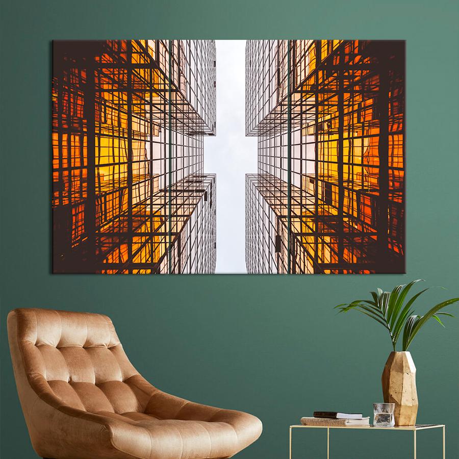 Картина город Стеклянные небоскрёбы и голубое небо 128x81 см (A556-3)