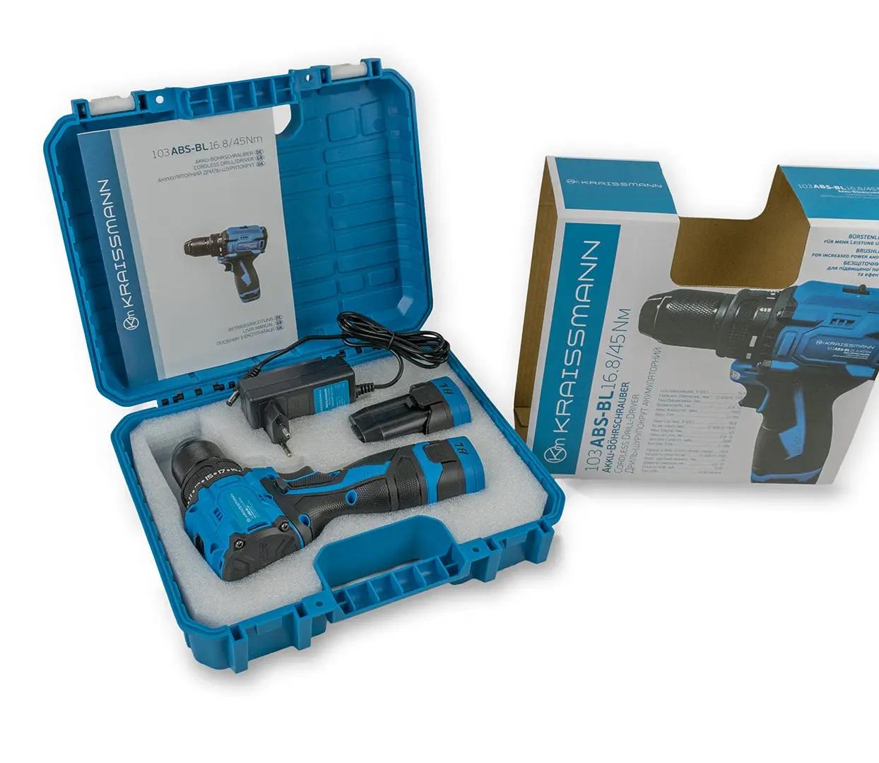 Шуруповерт аккумуляторный KRAISSMANN 103 ABS-BL 16.8/45 Нм в кейсе металлический быстросъемный патрон (0207035) Шуруповерт аккумуляторный KRAISSMANN 103 ABS-BL 16.8/45 Нм в кейсе металлический быстросъемный патрон (0207035)