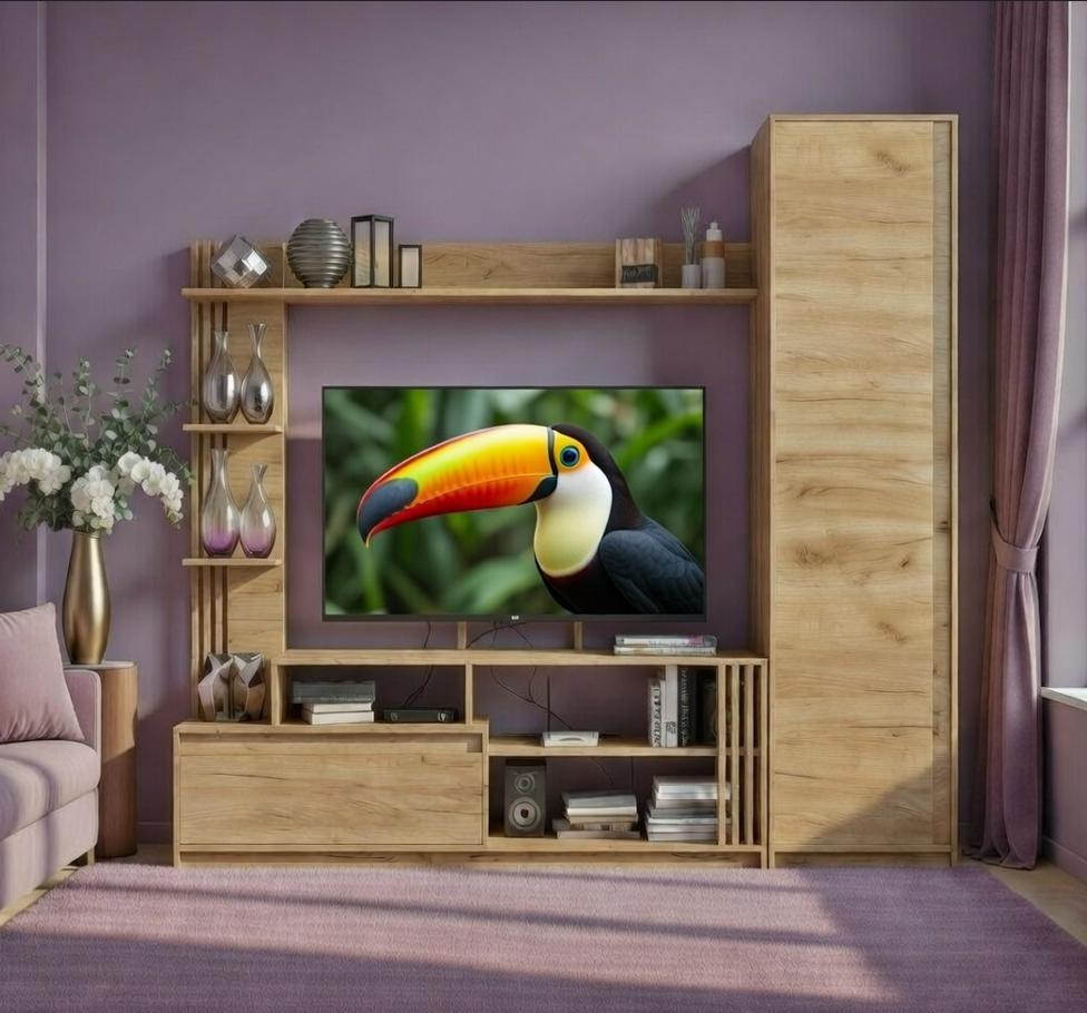 Стенка Мастер Форм для ТВ с шкафом Брайт правосторонняя 2220 мм Дуб крафт золотой