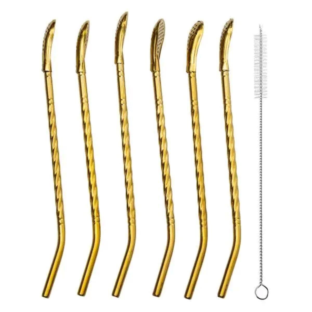 Набор многоразовых ложек-трубочек для напитков со щеткой для мытья из нержавеющей стали 6 шт. 19,5 см Бронзовый (HP-20-55)