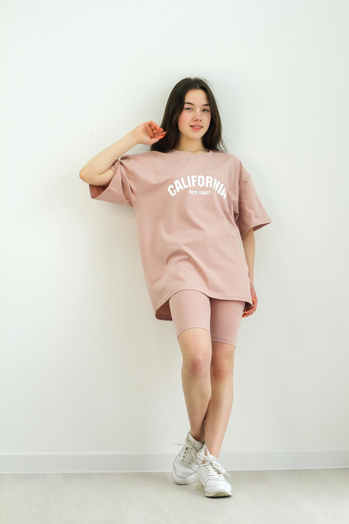 Костюм для девочки футболка оверсайз и велосипедки 158 см Beige (126980)