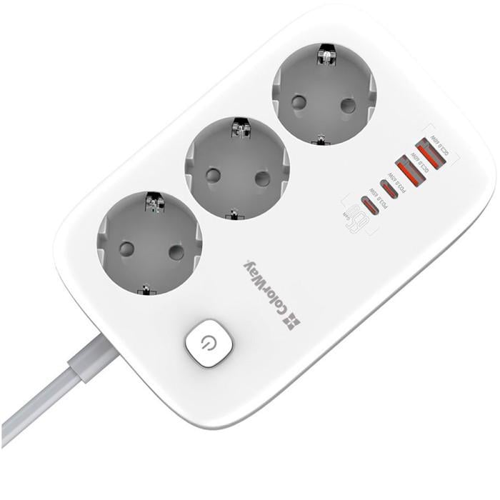Сетевой фильтр ColorWay CW-CHE34PDW GaN3 Pro PD 65W 3 розетки 2 USB-A 2 USB-C 2 м White (26075395) - фото 5 Сетевой фильтр ColorWay CW-CHE34PDW GaN3 Pro PD 65W 3 розетки 2 USB-A 2 USB-C 2 м White (26075395) - фото 5