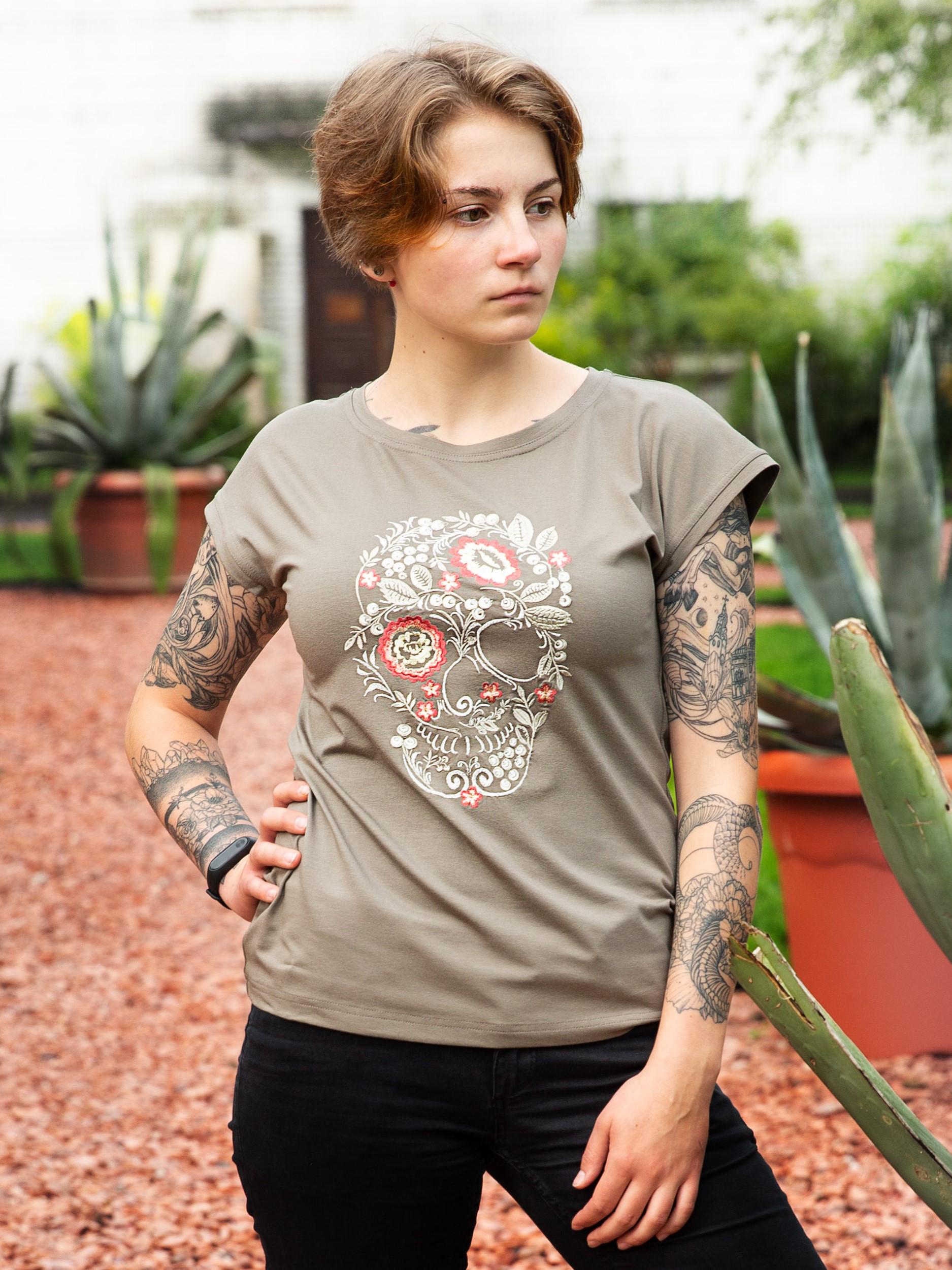 Футболка з вишивкою BATIAR Петриківський череп XL Хакі