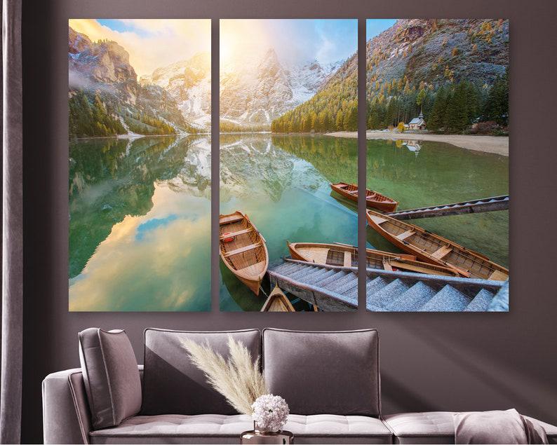Модульна картина на полотні із трьох частин KIL Art Човни на озері 128x81 см (M3_L_659)