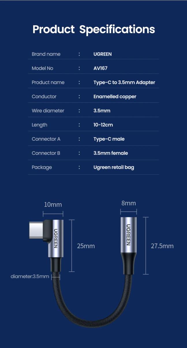 Переходник Ugreen 90° с Type-C на 3,5 Aux 0,1 м Серый - фото 8