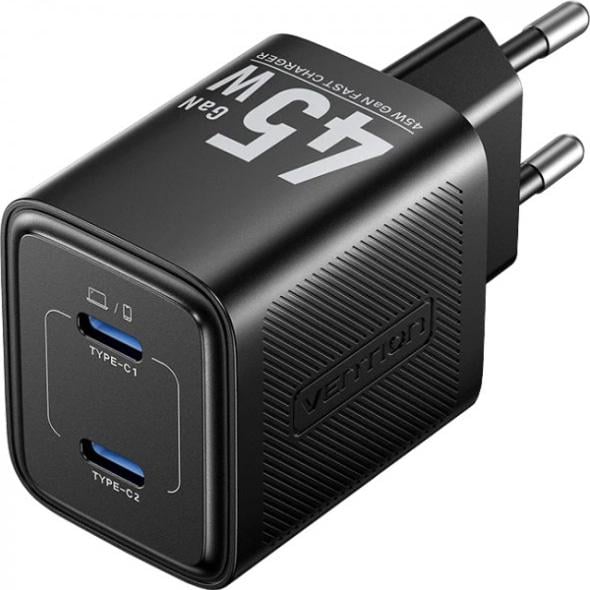 Зарядний пристрій мережевий Vention FEFB0 EU 45 Вт GaN 2xUSB C Power Delivery 3.0 QC 3.0 Black (647166)