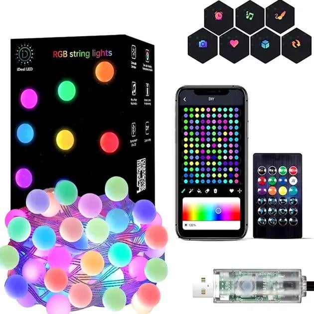 Гирлянда на елку матовый шарик 66 шт. 10 м с пультом Usb 5V 1-3А Bluetooth водонепроницаемая и управления с телефона (opt-105140) - фото 3