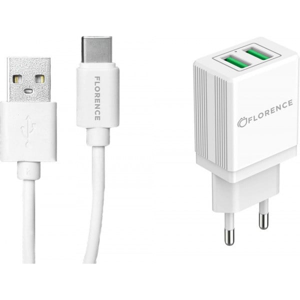 Зарядка Florence FL-1021-WT 2 USB, 2.1A USB Type-C cable White