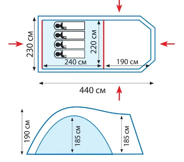 Палатка четырехместная Ramp Anaconda 4 TRT-078 кемпинговая двухслойная T230х440 см (539171) - фото 2