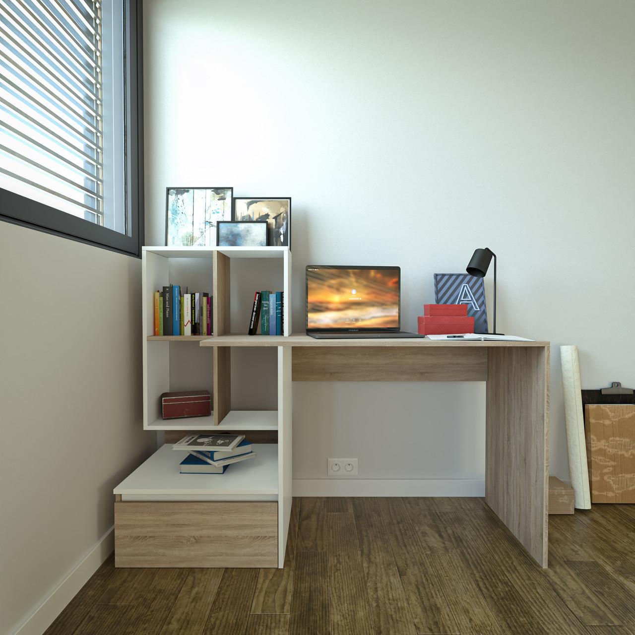 Стол с полками и выдвижным ящиком 141,6 x122,6x58,4 см Белый/Дуб Сонома (ST-0005)