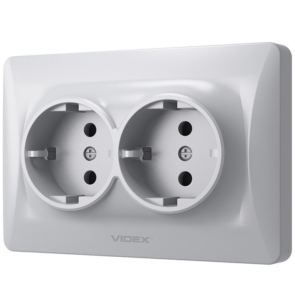 Подвійна розетка із заземленням та підвищеною вогнетривкістю Videx Binera VF-BNSK2G-SS Сріблястий