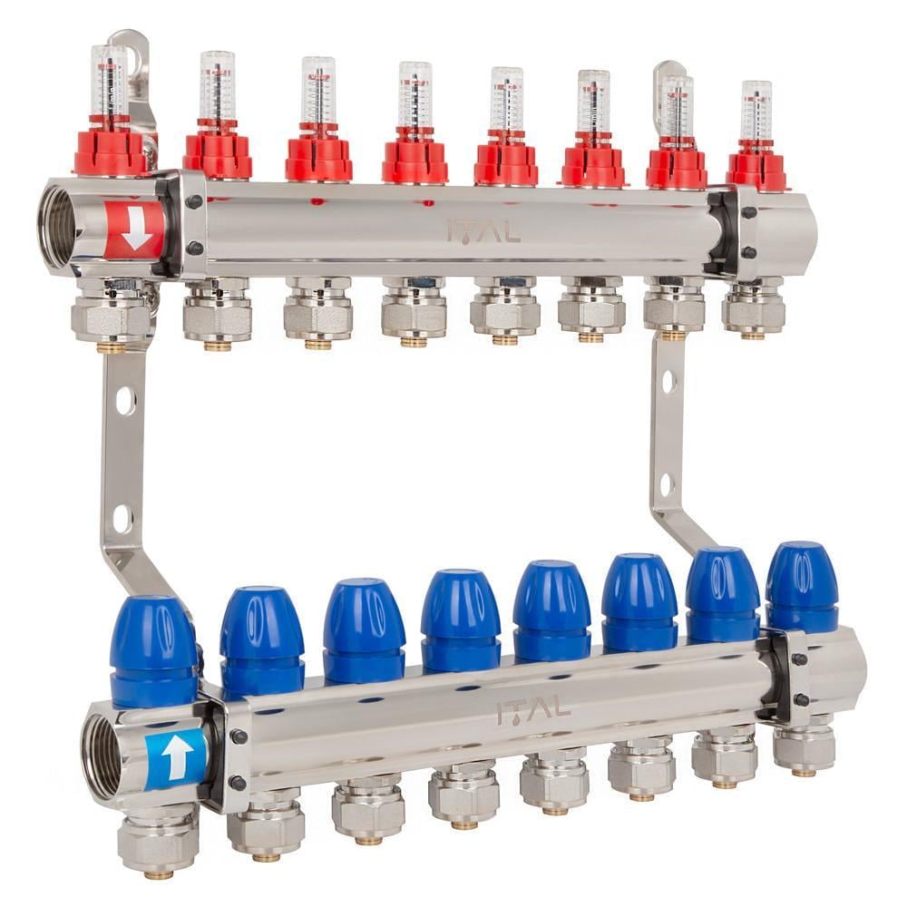 Комплект коллектора с расходомерами ITAL IT08-H2001 из латуни 1"-3/4" евроконус на 8 выходов (1055676)