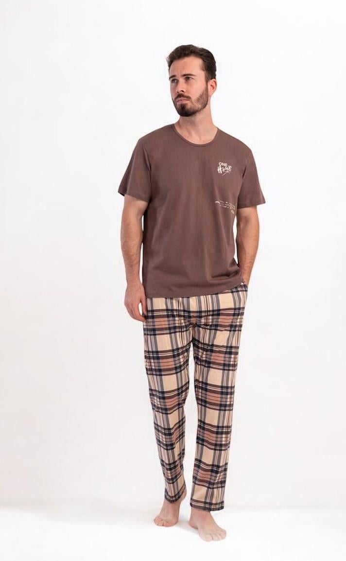 Пижама мужская хлопковая One hour футболка и брюки в клетку 2XL Коричневый (Vie5505)