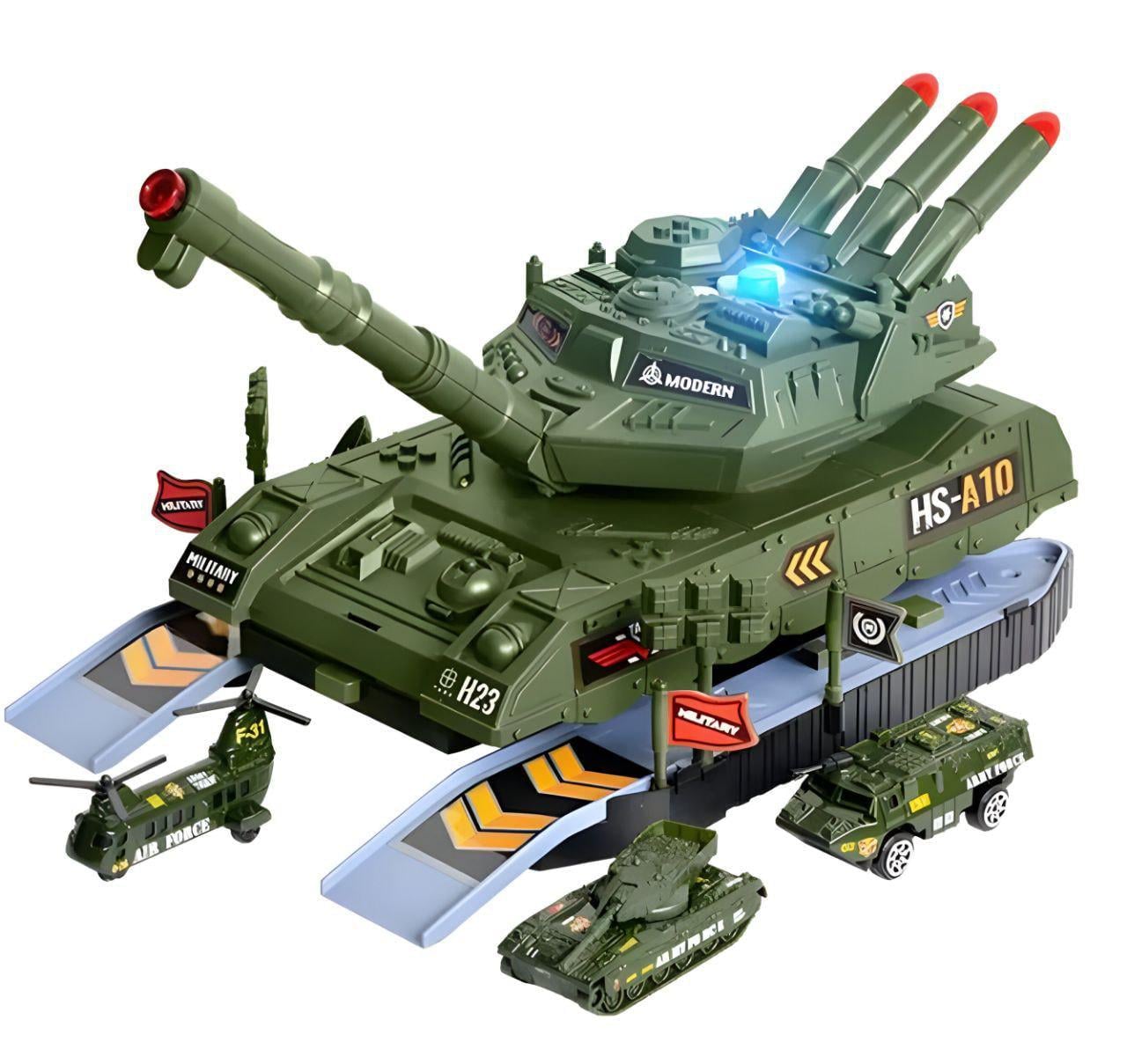 Іграшковий танк-гараж HS 8010 A зі звуком/підсвічуванням/розкладний/із металопластиковими міні-моделями (22613858)