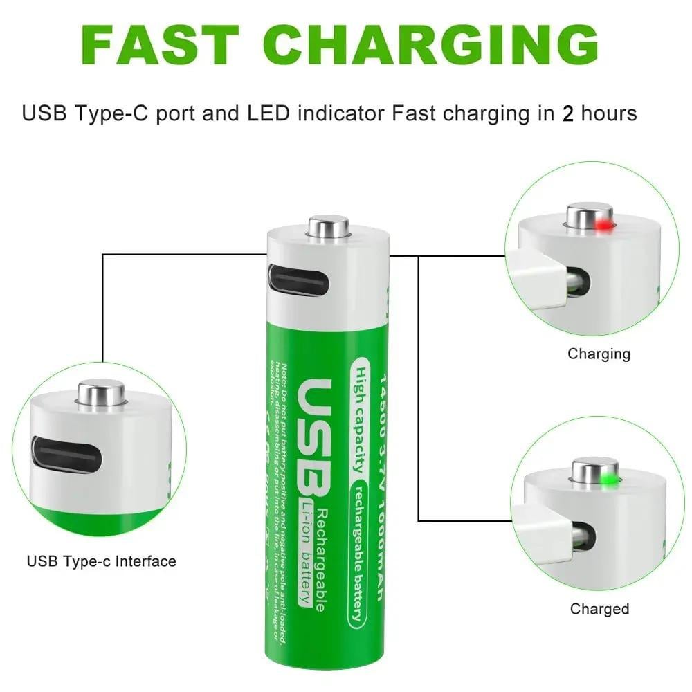 Акумулятори Pujimax 14500 з Type-C Li-Ion 1000 mAh 3,7V 2 шт./кейс/кабель (2575993808) - фото 9