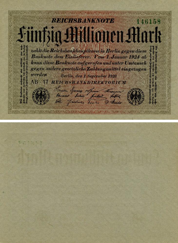 Коллекционная банкнота Германия 50000000 марок 1923 AU-UNC 50 Millionen P109a (Б17969) Коллекционная банкнота Германия 50000000 марок 1923 AU-UNC 50 Millionen P109a (Б17969)