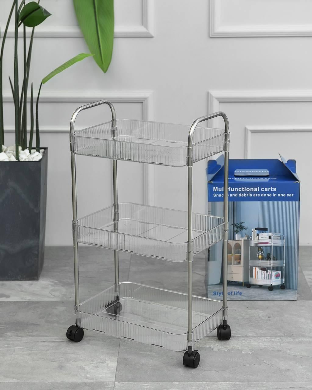 Этажерка на колесах 3 полки из пластика и металла 40x30x77 см Прозрачный (2183949872)