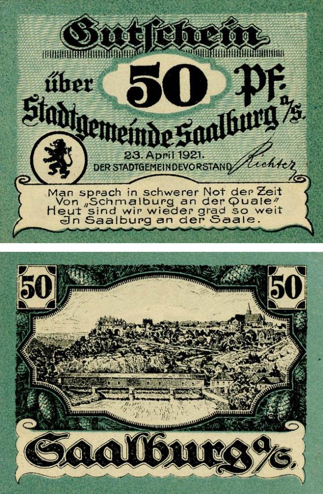Коллекционная банкнота Германия Нотгельд 50 пфеннигов 1921 F-VF Заальбург (Б18735)