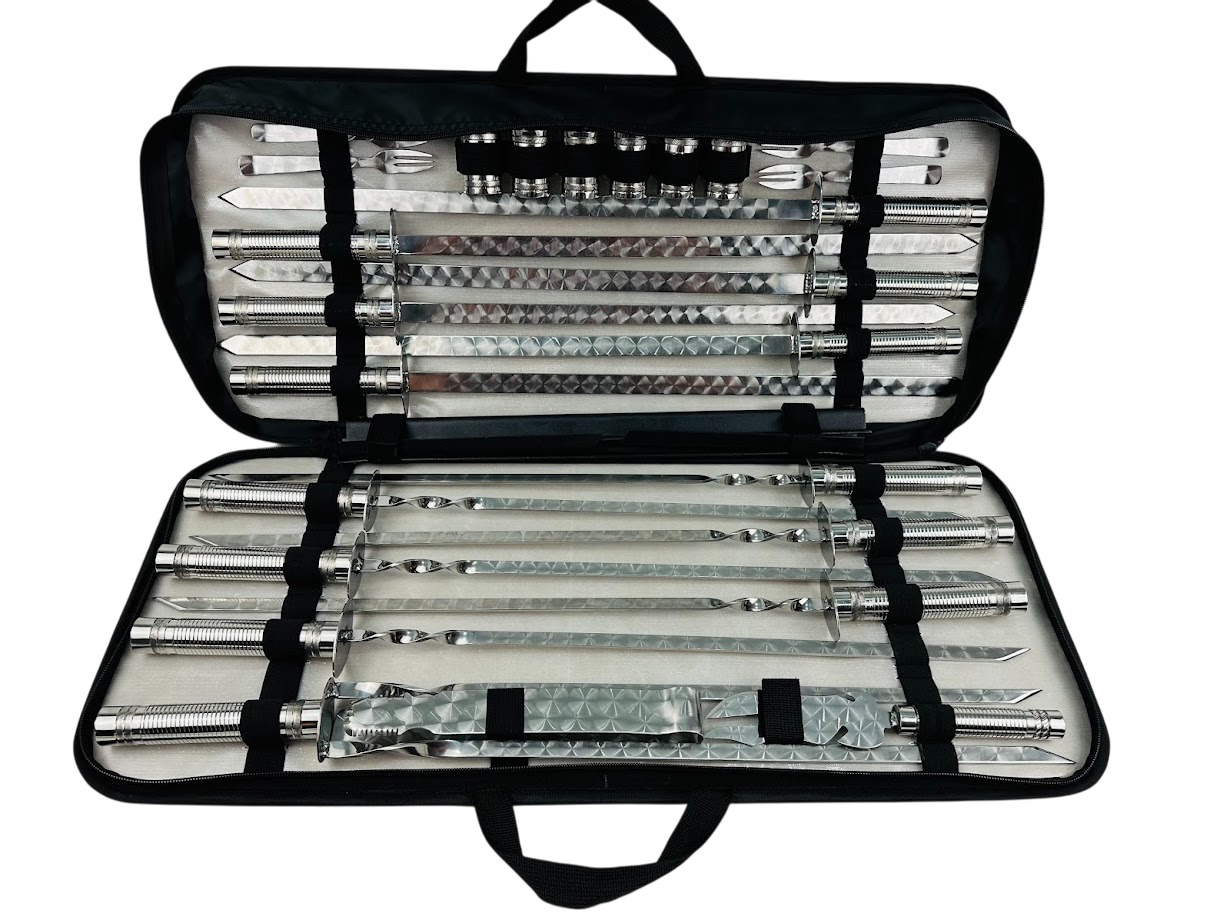 Подарочный набор шампуров для люля-кебаб и мяса на 27 предметов из нержавеющей стали в чехле Черный 70х30х5 см (124-10-NB-2235)