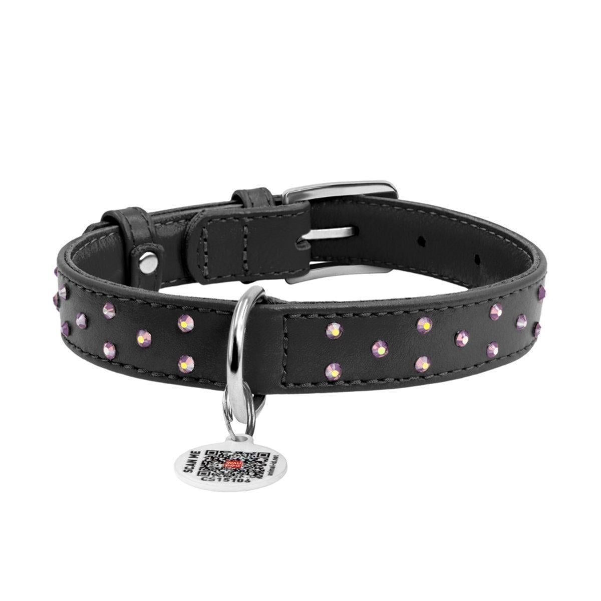 Ошейник для собак кожаный Waudog Glamour с QR паспортом/клеевыми стразами 20 мм х 30-39 см Черный (32781 Col)
