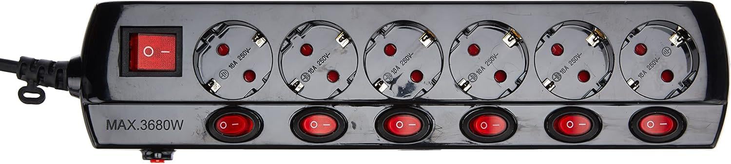 Подовжувач Electraline з захистом із заземленням 6 розеток 1,5 м 16A індивідуальні вимикачі 3х1 мм² Чорний - фото 2