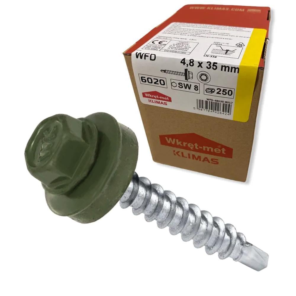Саморез кровельный по дереву Klimas Wkret-Met RAL 6020 4,8x35 мм 250 шт.